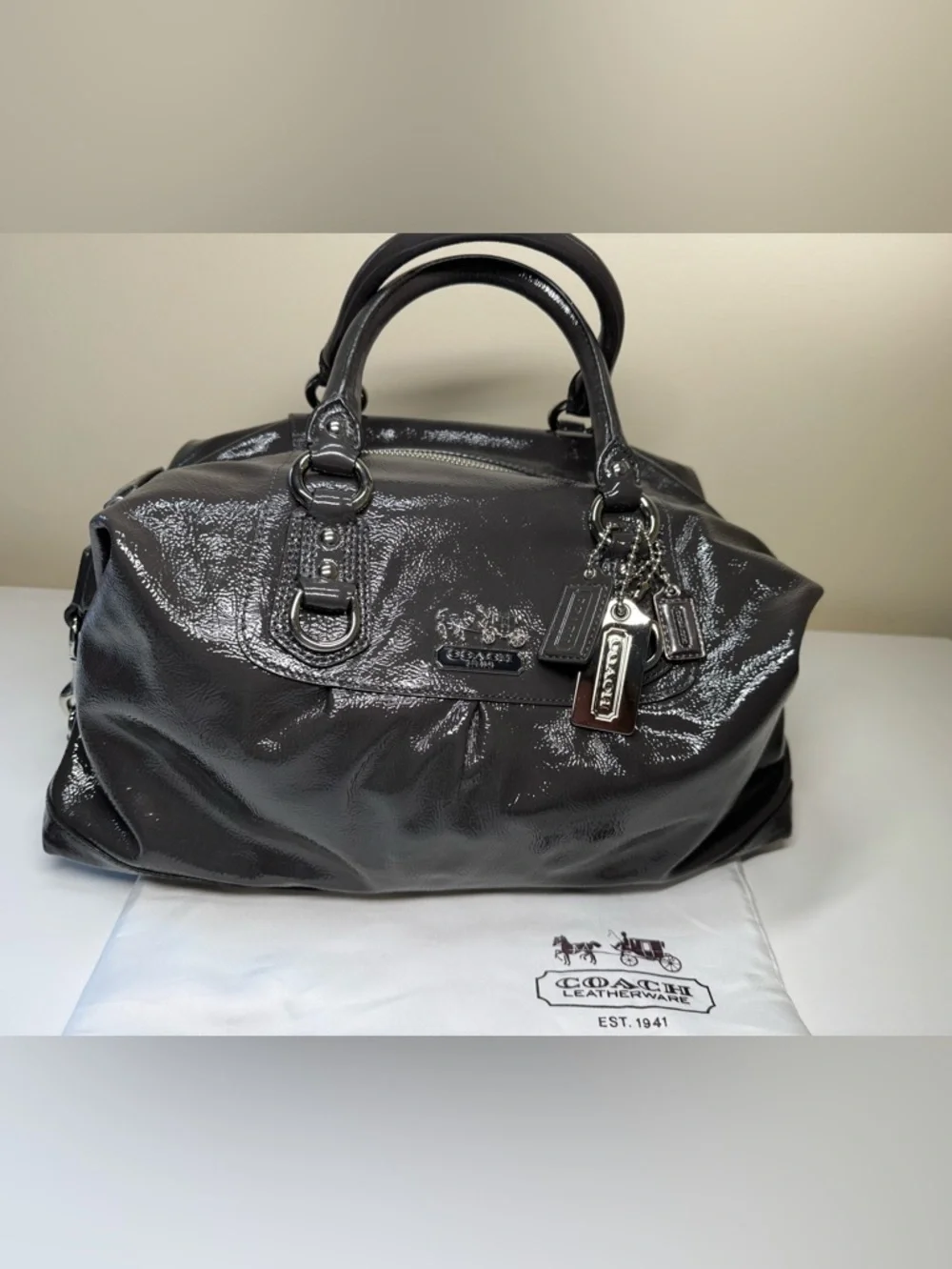 NWOT - Coach Madison Sabrina Satchel in Graphite Patent Leather with Dust Bag